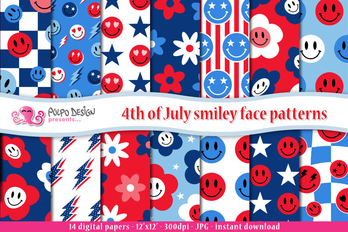 4th Of July Retro Smiley Faces, a Pattern Graphic by PolpoDesign (Photo 1 of 3)