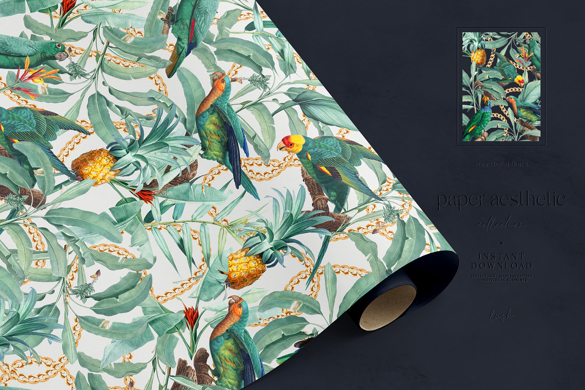 Mint Tropical Parrots Paper Pack, a Pattern Graphic by paper aesthetic (Photo 3 of 8)