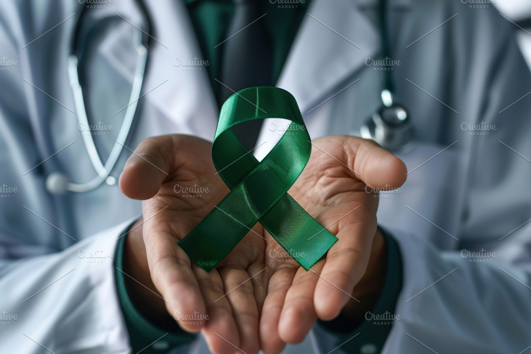 Doctor hands holding green ribbon, cancer awareness concept, a Photo by AlyaAnd