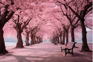 Serene Park pink trees bench, a Nature Photo by Ylivdesign