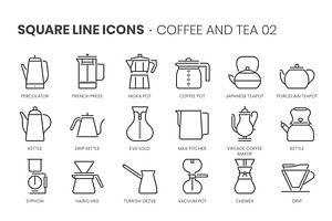 Coffee and Tea 02, Square Line Icons
