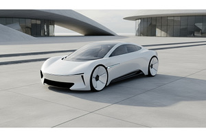 Futuristic white electric car with, an Architecture Photo by Igor Tichonow