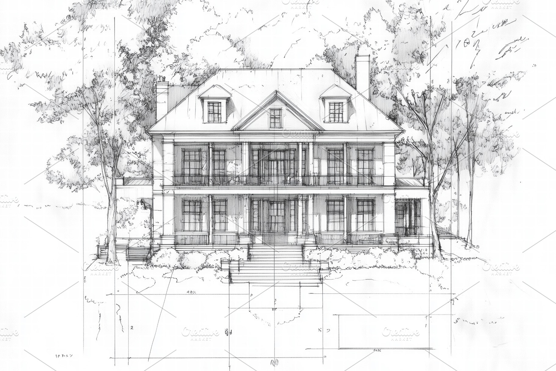 A detailed architectural sketch of a classic two-story Antebellum style house,, an Architecture Photo by Textures & Backgrounds