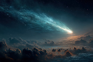 Bright meteor blazing across starry sky above dramatic glowing c, a Background Photo by José Manuel Gelpi