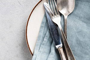 Vintage Cutlery on Linen Napkin and Ceramic Plate, a Food & Drink Photo by Natalia Klenova's Shop