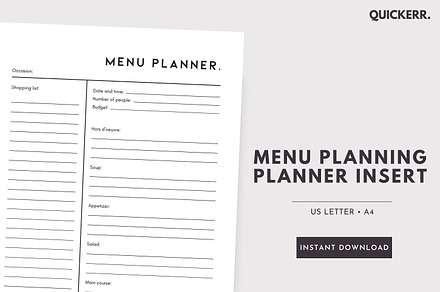 Special Occasion Menu Planner Insert