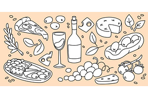 Hand drawn wine and pizza, a Food Illustration by art PVP - market