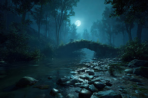 Moonlit Forest River Stone Bridge Ni, a Photo by Pixeness Studio