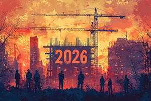 Futuristic city construction scene with 2026 on building frame,, a Food & Drink Photo by José Manuel Gelpi