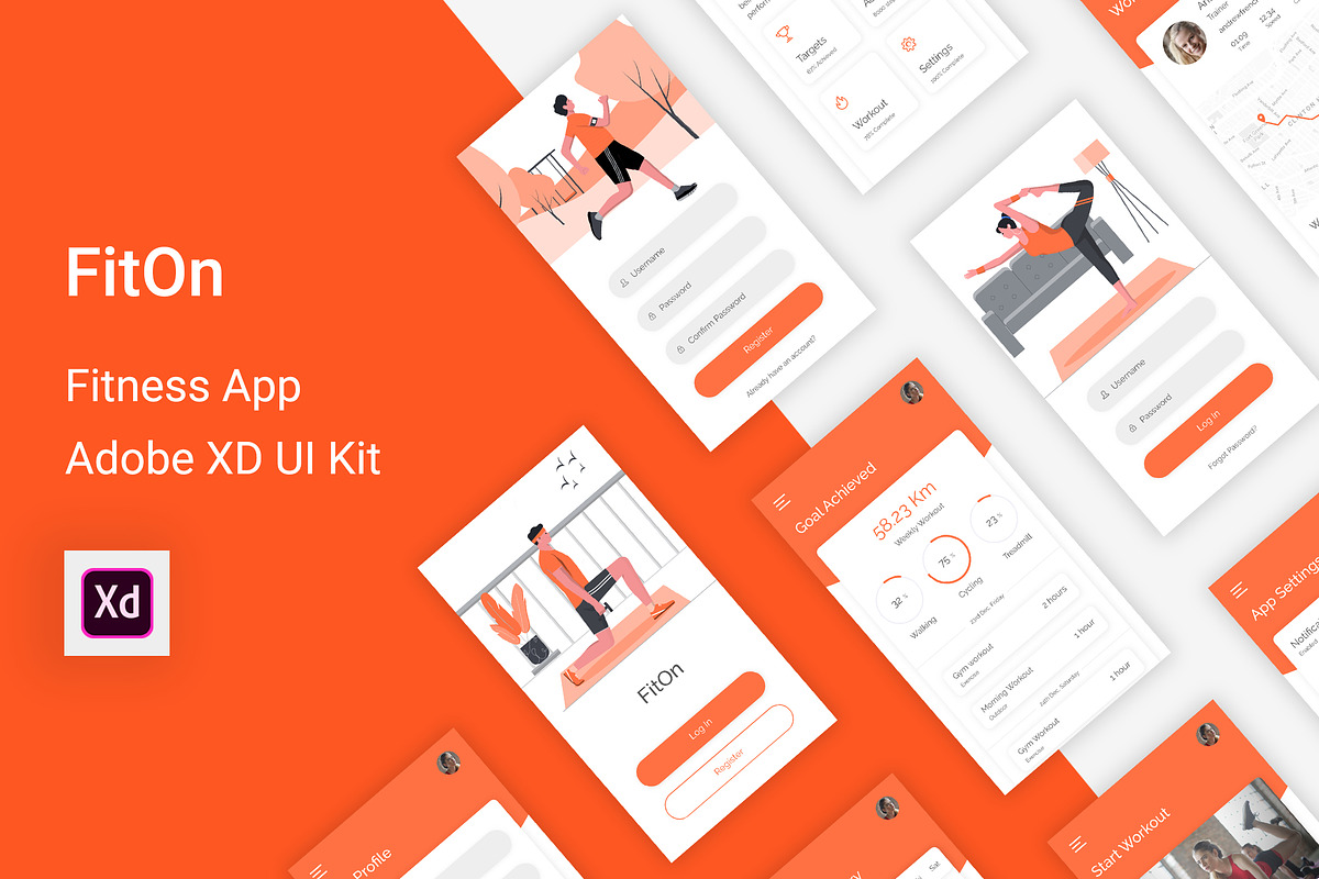 FitOn Fitness Adobe XD App, an UI Kit Template by themelove (Photo 1 of 9)