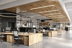 Modern office workspace design woode, a Photo by Pixeness Studio