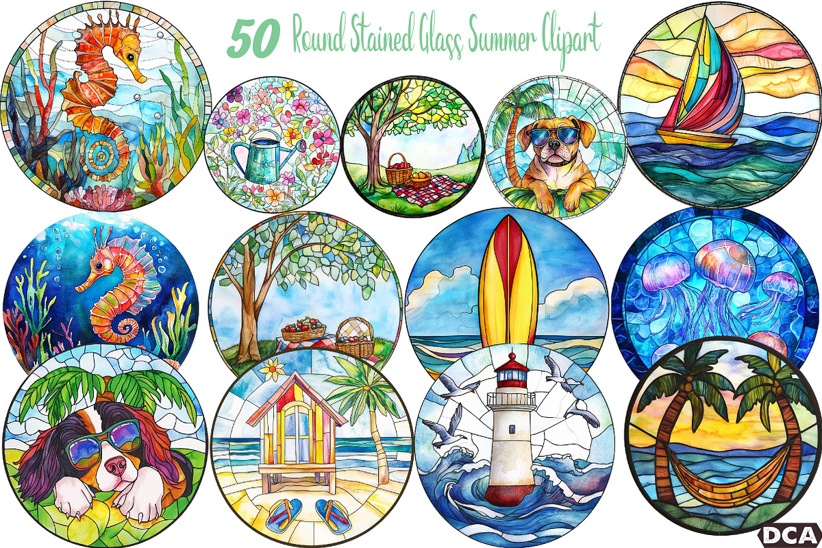 Round Stained Glass Summer Clipart, an Illustration by DreamCafeArt (Photo 1 of 7)