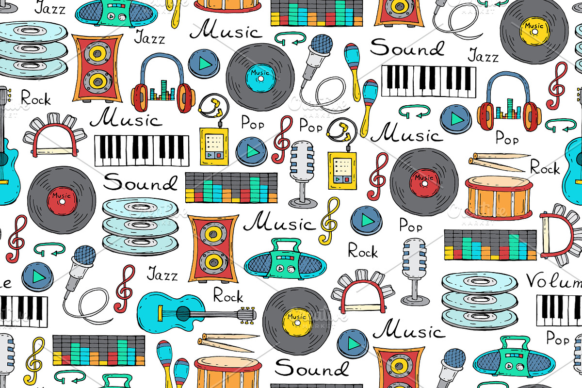 Pattern with cartoon music symbols, a Pattern Graphic by Olga Chuklay