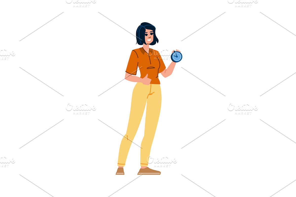Young woman holding clock and, a Person Illustration by pikepicture
