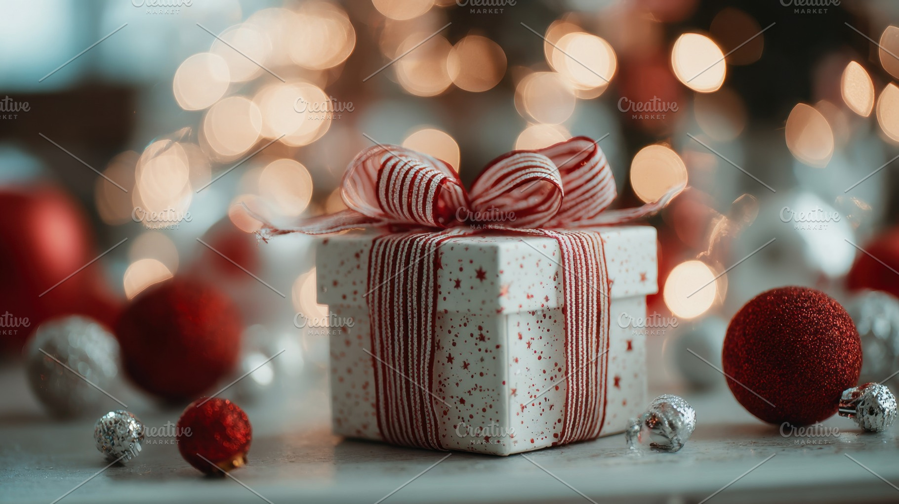 Gift box with ribbon and ornaments, a Photo by Beautiful things