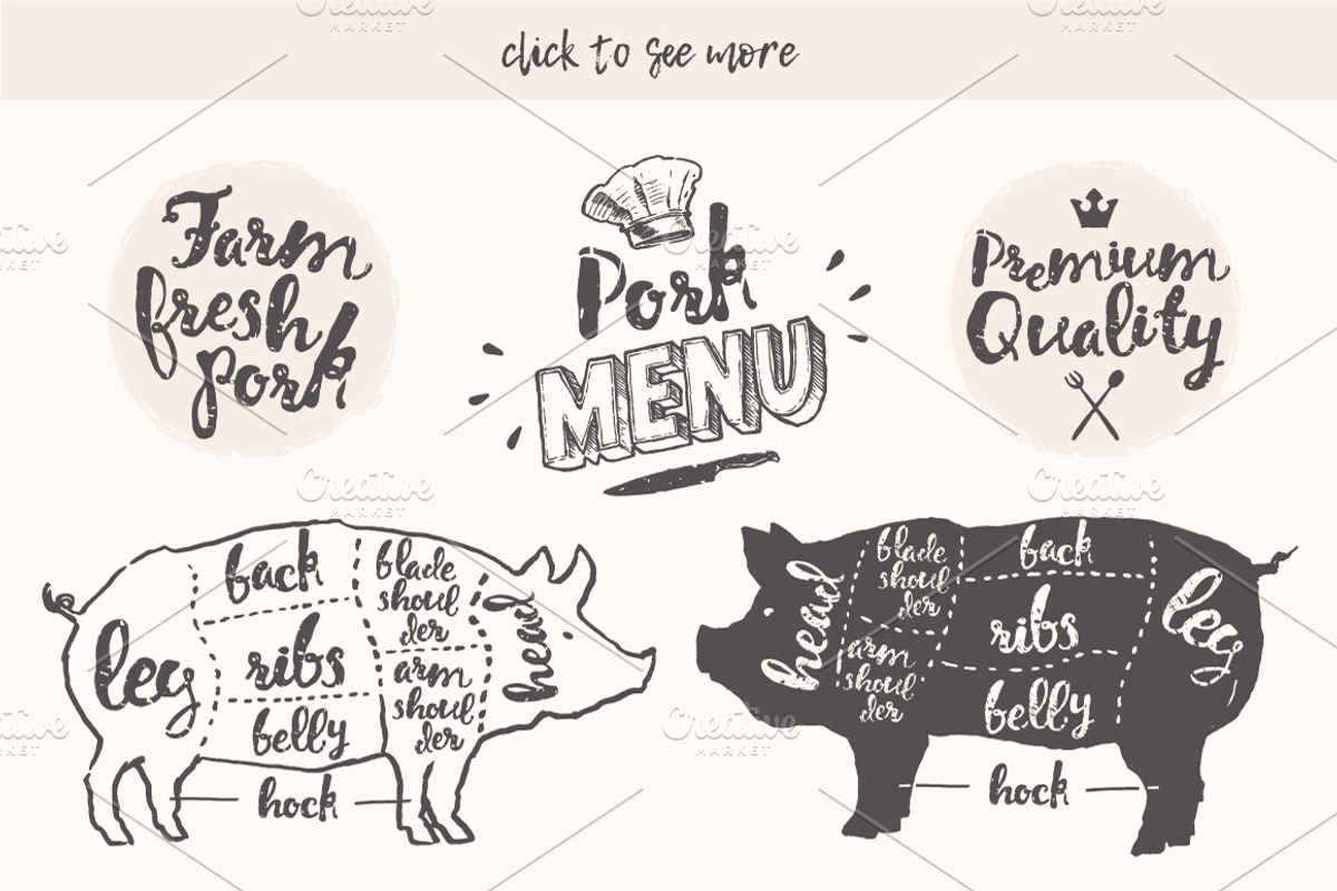 Design elements for a pork menu, an Animal Illustration by ...