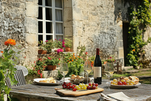 A picturesque Country French house style outdoor dining setup featuring a woode, an Architecture Photo by Textures & Backgrounds