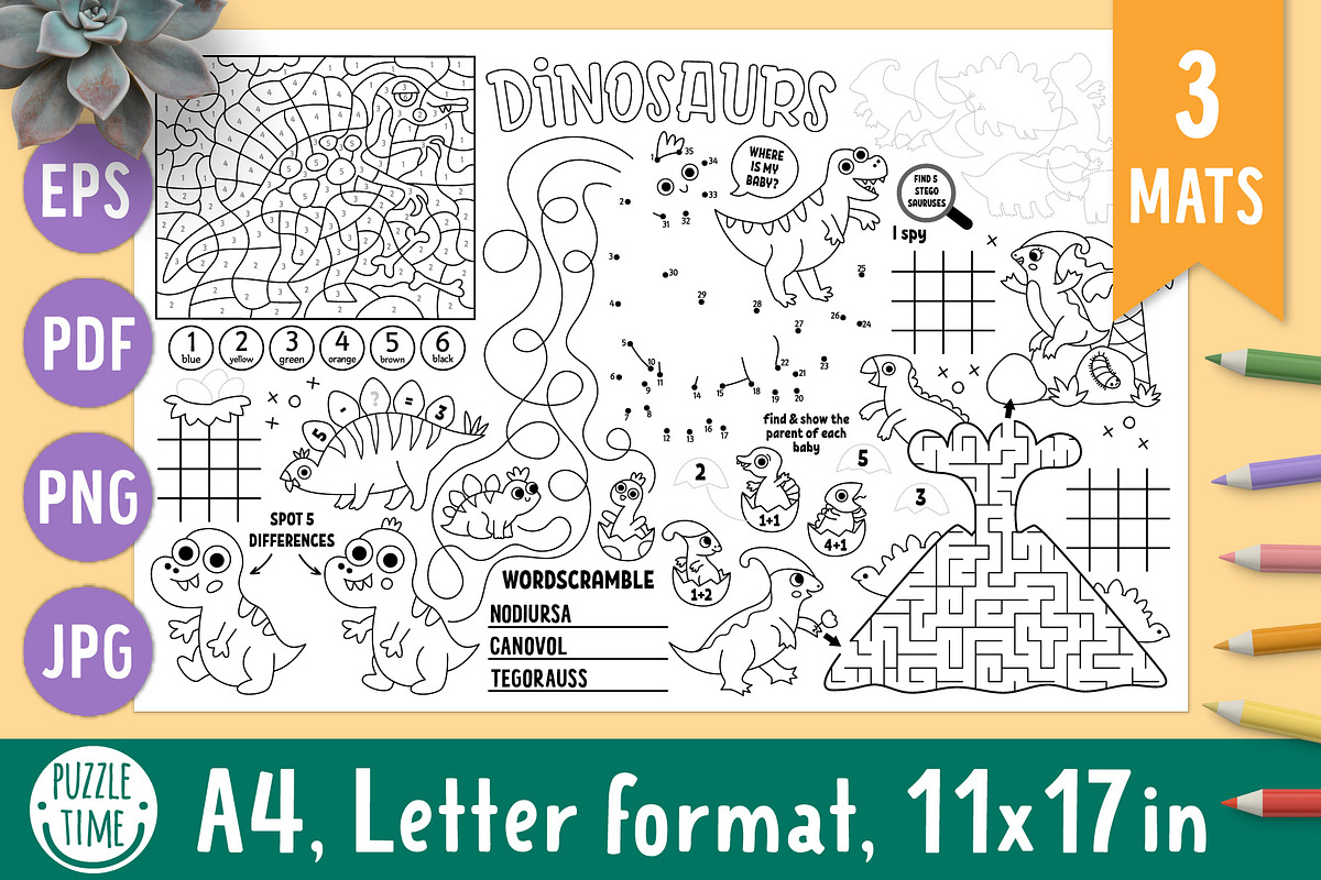 Dinosaur coloring activity play mats, an Education Illustration by Lexi Claus (Photo 1 of 6)