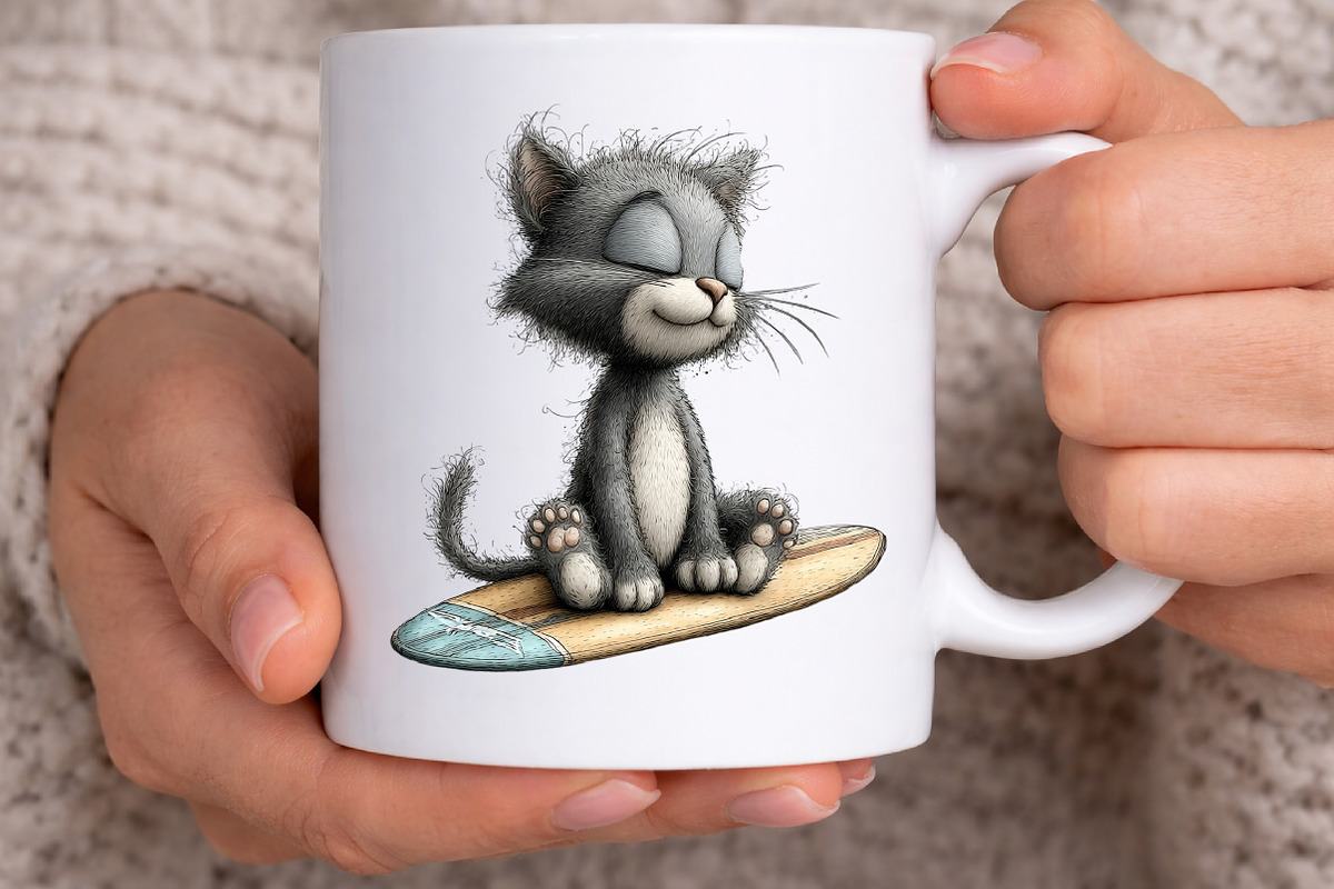 Whimsical Summer Gray Cat Clipart, an Illustration by Canvas Craft (Photo 5 of 7)