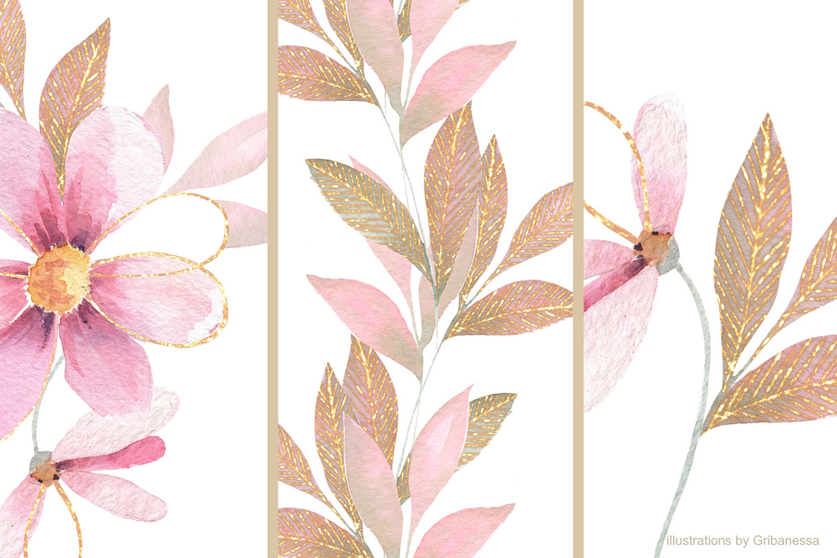 Pink Watercolor Flowers & Gold, a Decorative Illustration by Gribanessa (Photo 12 of 13)