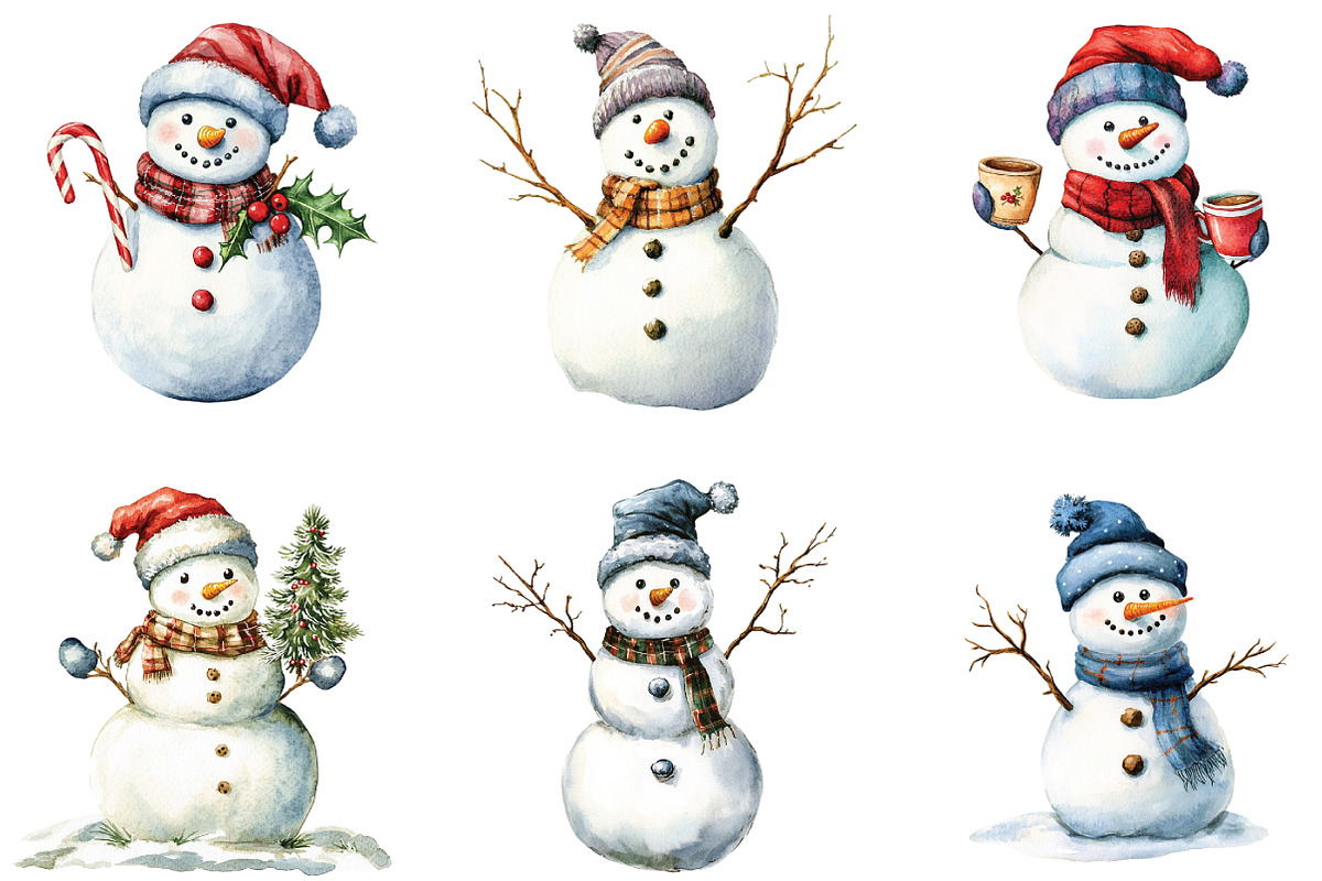 Watercolor Christmas Snowman Clipart, a Work Illustration by CraftArtStudio (Photo 2 of 6)
