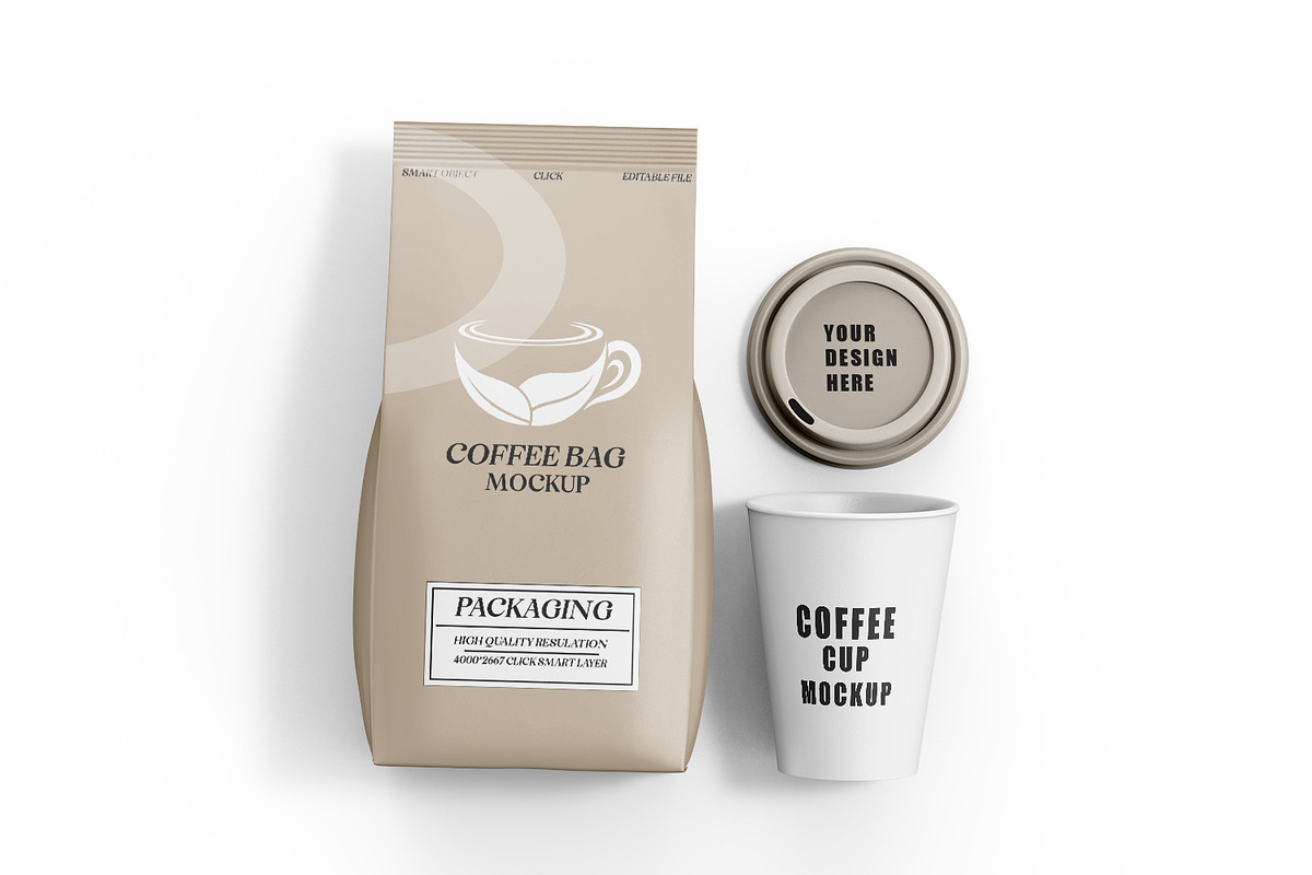 Coffee Bag with Cup Mockup Set, a Packaging Mockup by pixelmock (Photo 12 of 15)