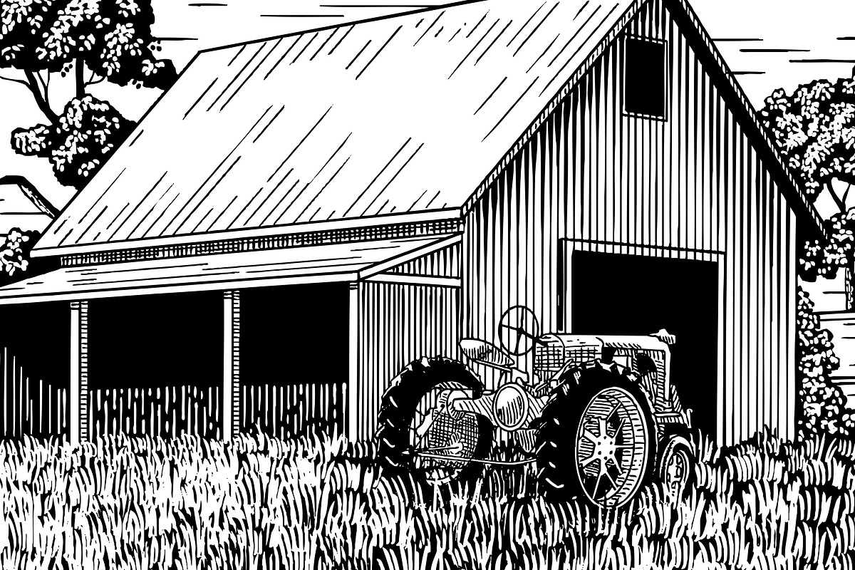 Old Farm Tractor and Barn, a Transportation Illustration by blue67sign (Photo 2 of 2)