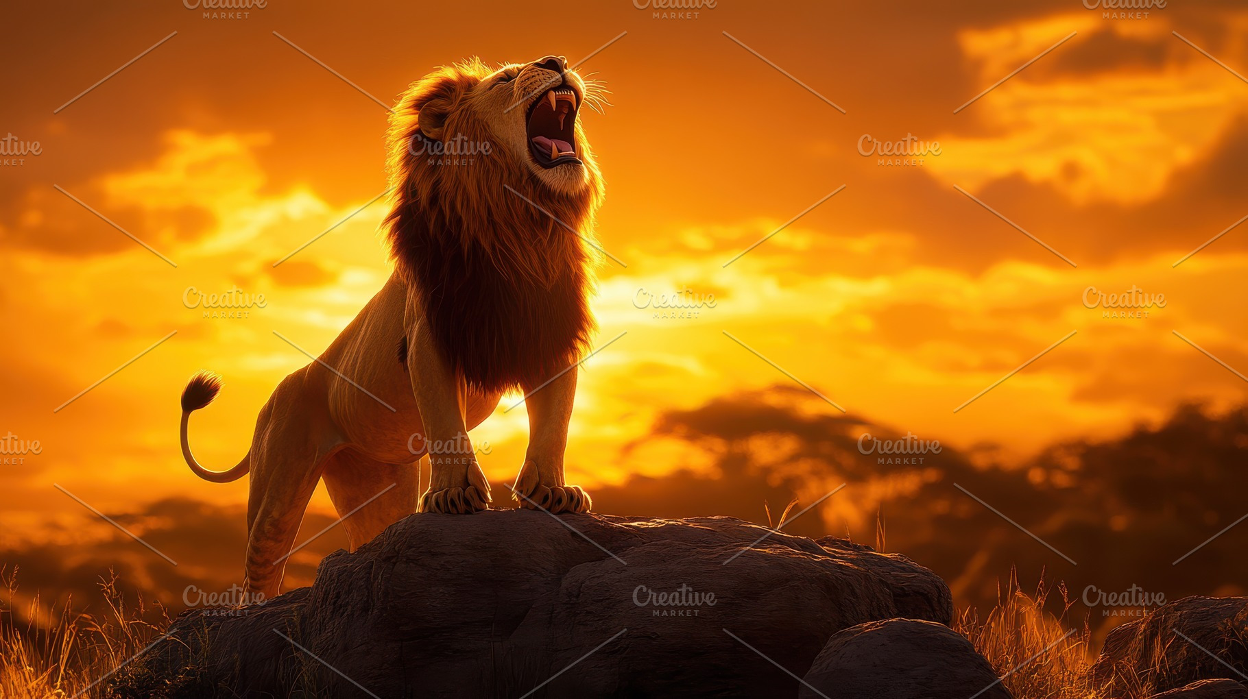 A magnificent lion standing atop roc, an Animal Photo by Pixeness Studio