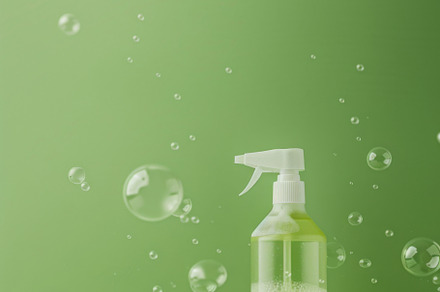 Spray bottle with green liquid and foam on green background, a Photo by Dvoevnore photos