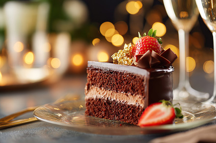 Delicious sponge cake slice with shiny glaze and fresh strawberries ready for c, a Food & Drink Photo by AlyaAnd