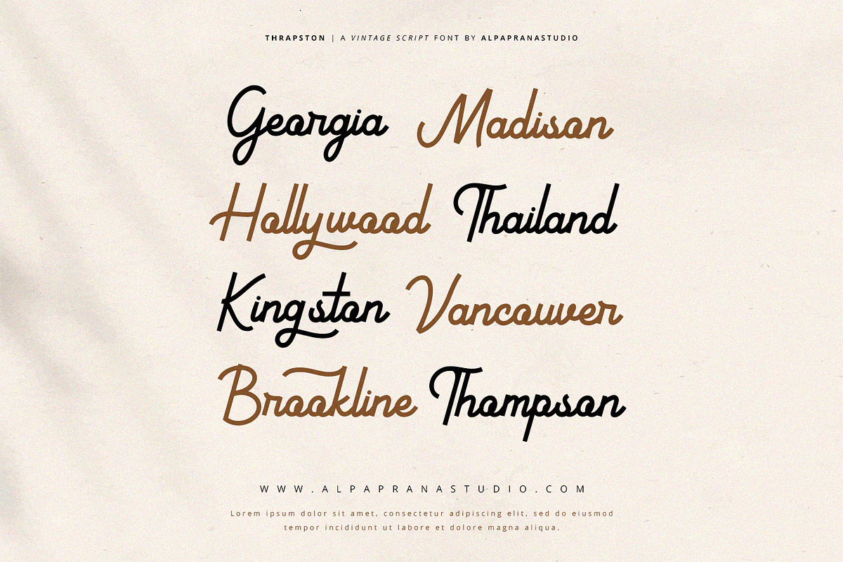 Thrapston - Vintage Script Font, a Script Font by Alpaprana (Photo 5 of 13)