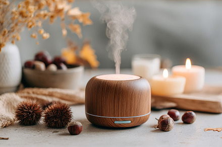 Aromatherapy diffuser releasing soothing vapor on a cozy tabletop during a peac, an Abstract Photo by AlyaAnd