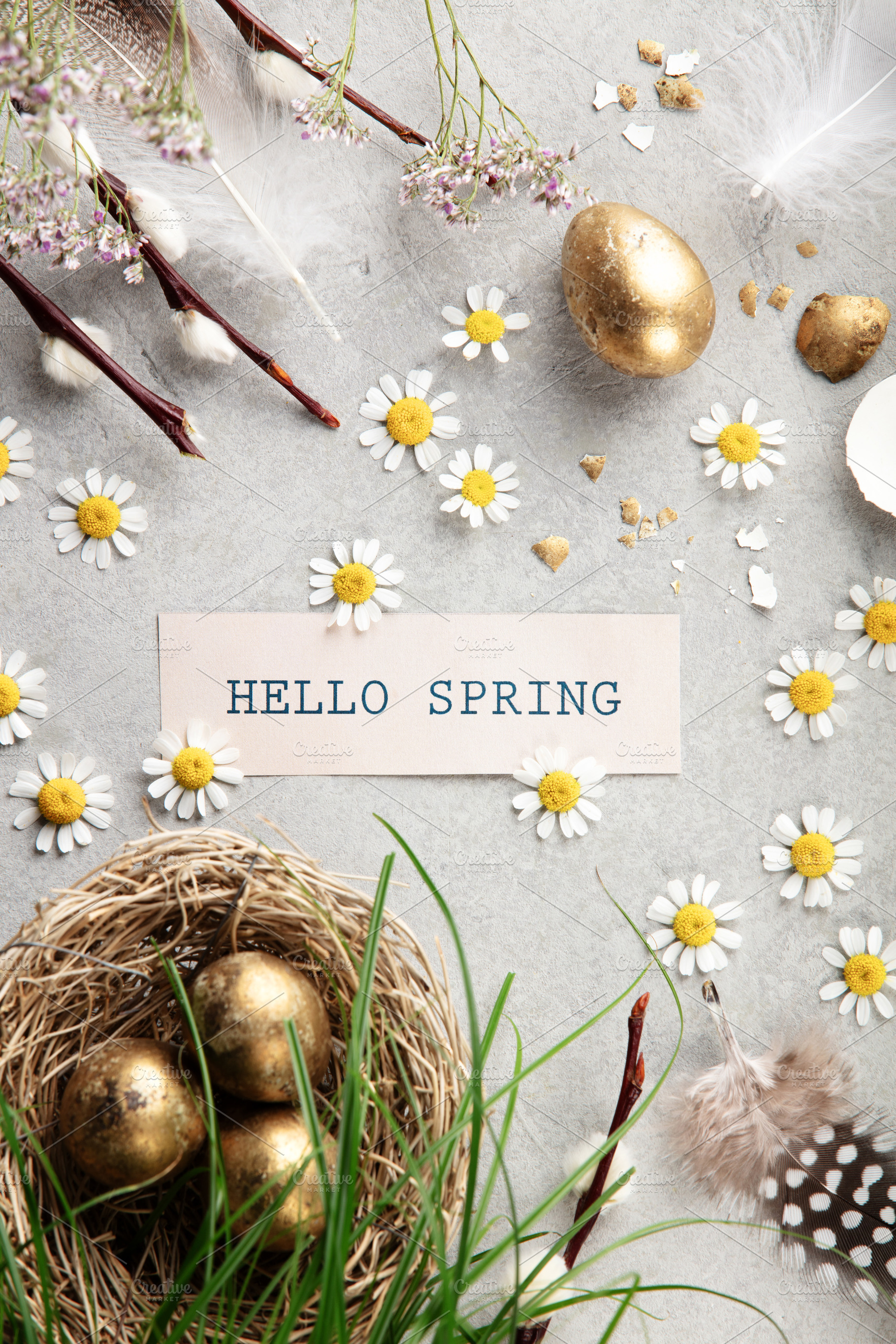 Hello Spring Card with Golden Easter Eggs Nest and Daisies, a Holiday Photo by Natalia Klenova's Shop