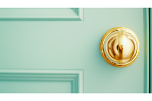 Elegant gold doorknob on mint green, an Architecture Photo by Lermont51
