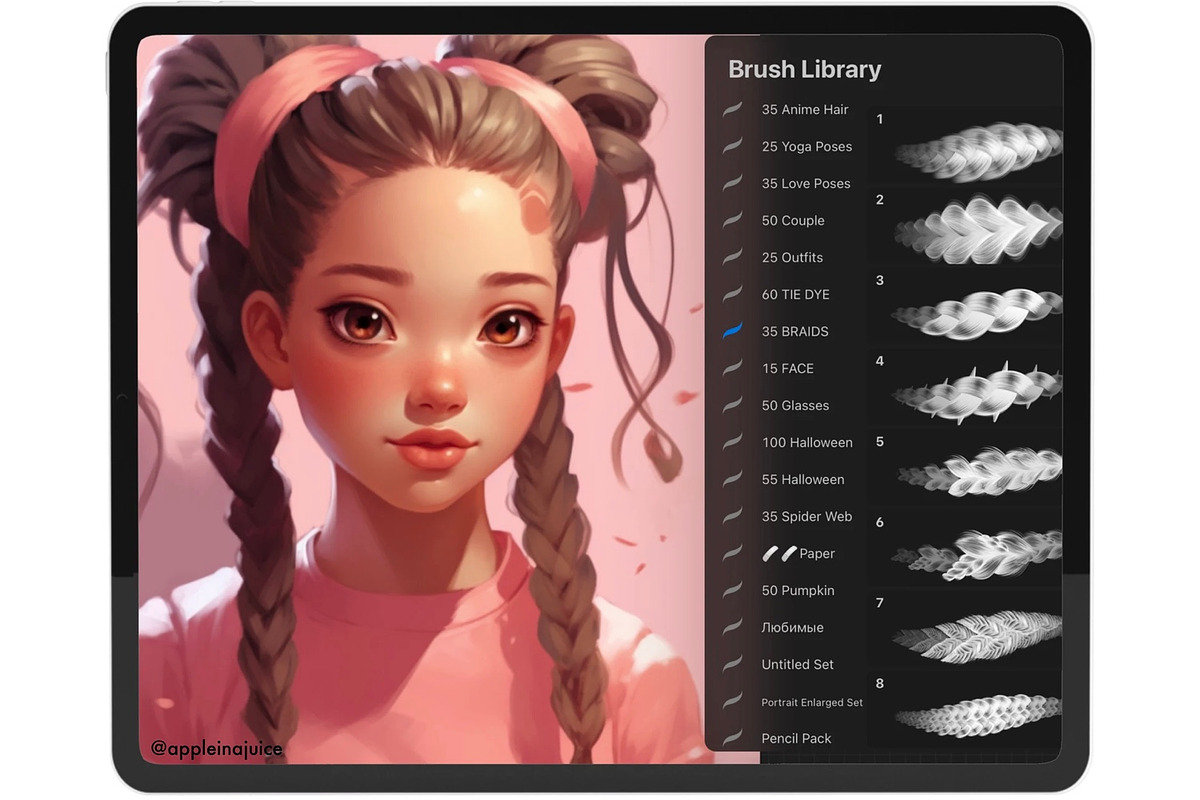 Procreate Hair braids face brushes, a Brush Add-On by AppleinaJuice (Photo 3 of 11)