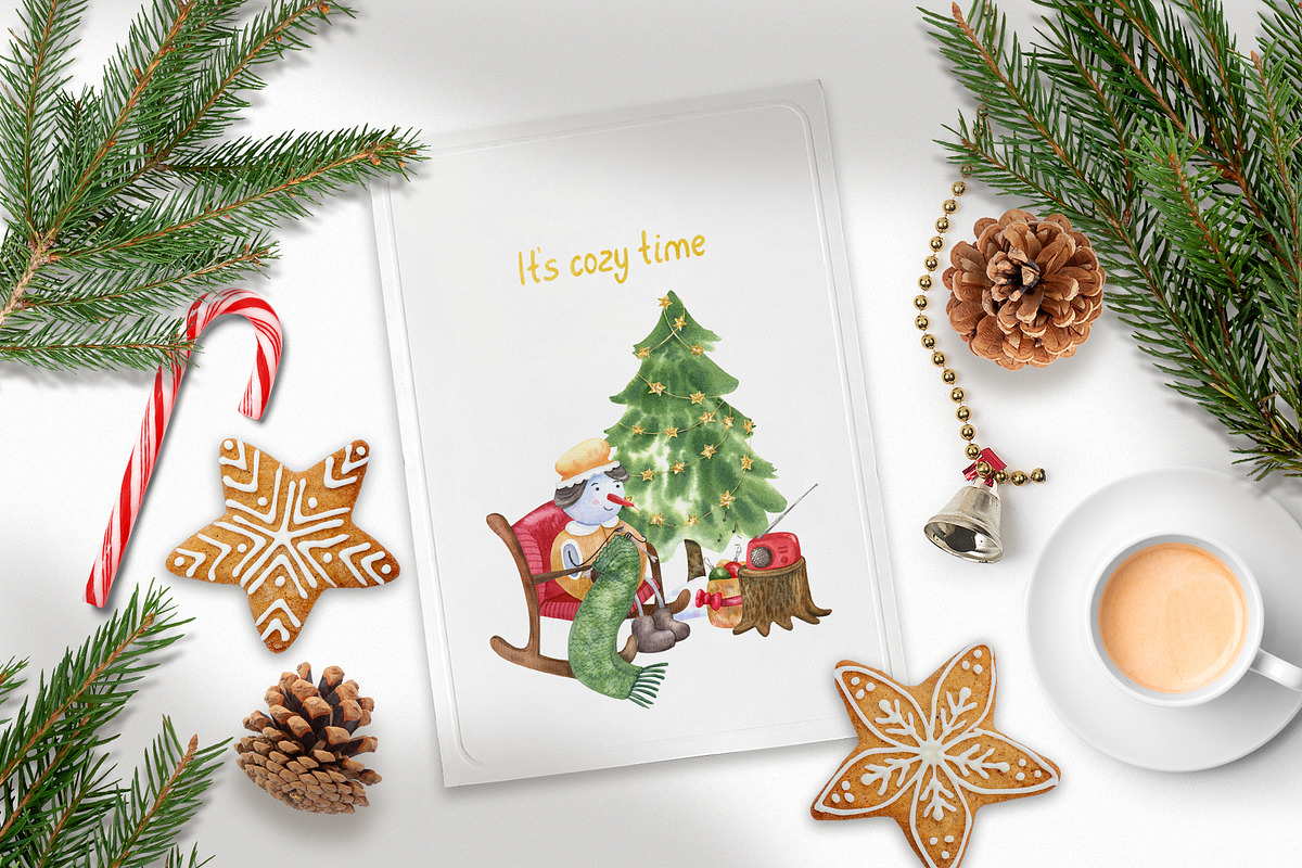Snowmen Village Watercolor Clipart, an Illustration by Anna Druzhkova (Photo 8 of 20)