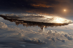 Alien City Floating Above Clouds Sun, a Photo by Pixeness Studio