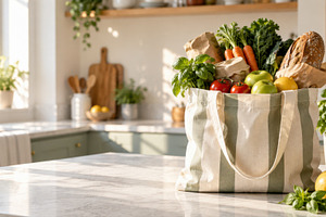 Grocery bag on kitchen countertop