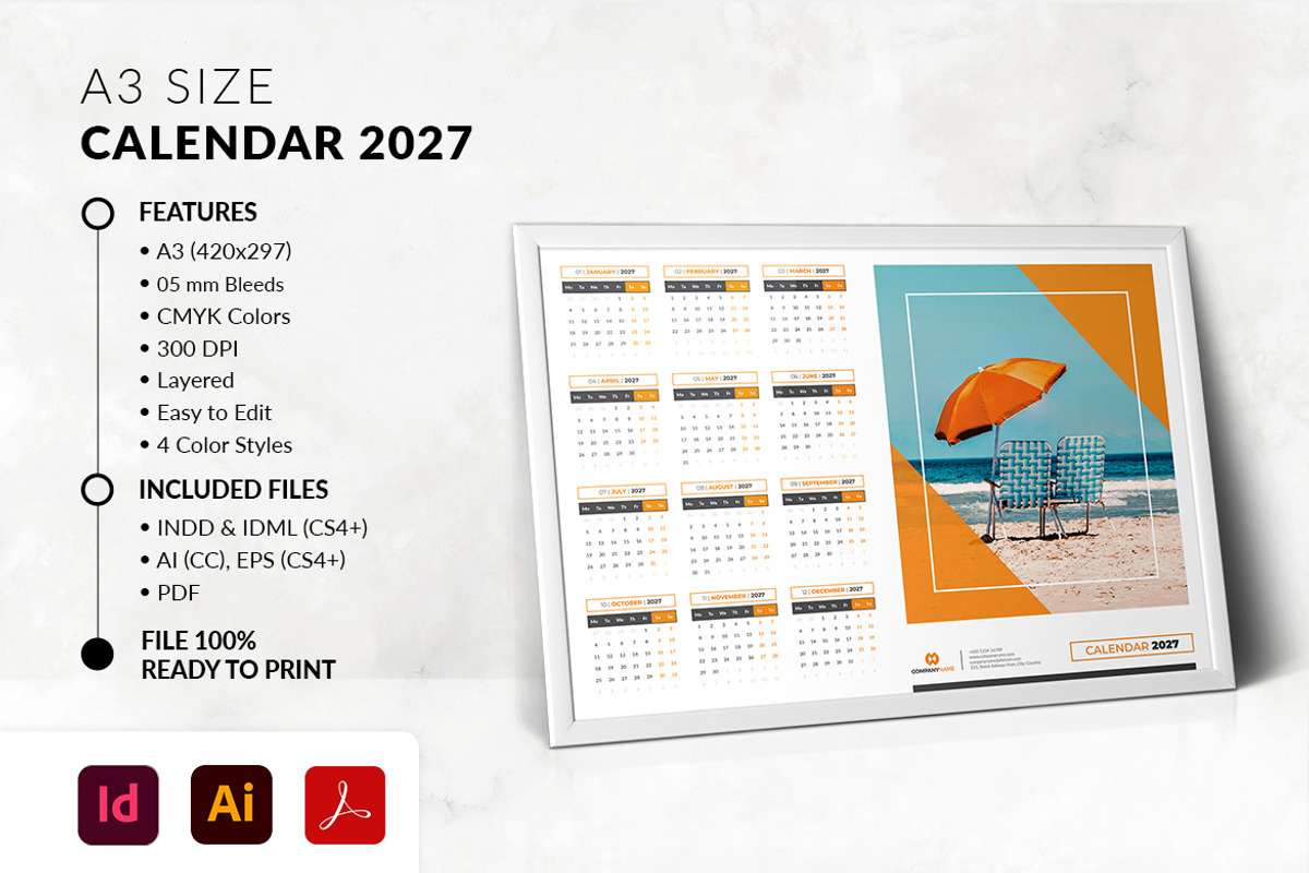 A3 Landscape Calendar 2027 Template, a Stationery Template by MstArtwork (Photo 5 of 5)