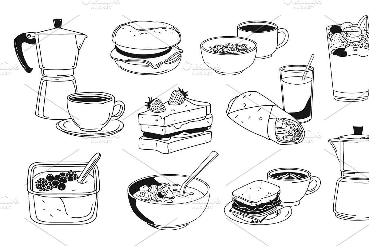 Line art breakfast food. Vector, a Food Illustration by Ksania