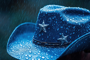 Blue cowboy hat drenched in rain, sh, a Photo by Tanuart