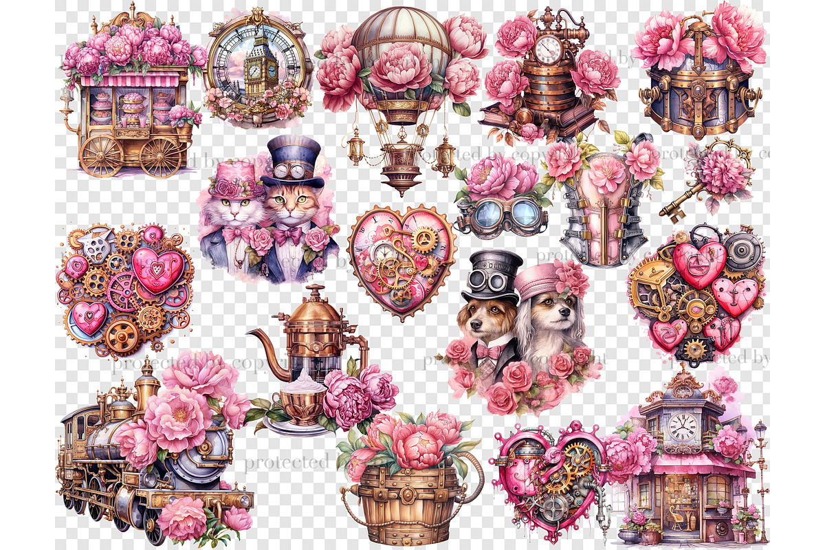 Pink Steampunk Valentine's Day PNG, a Seasonal Illustration by GlamArtZhanna (Photo 5 of 6)