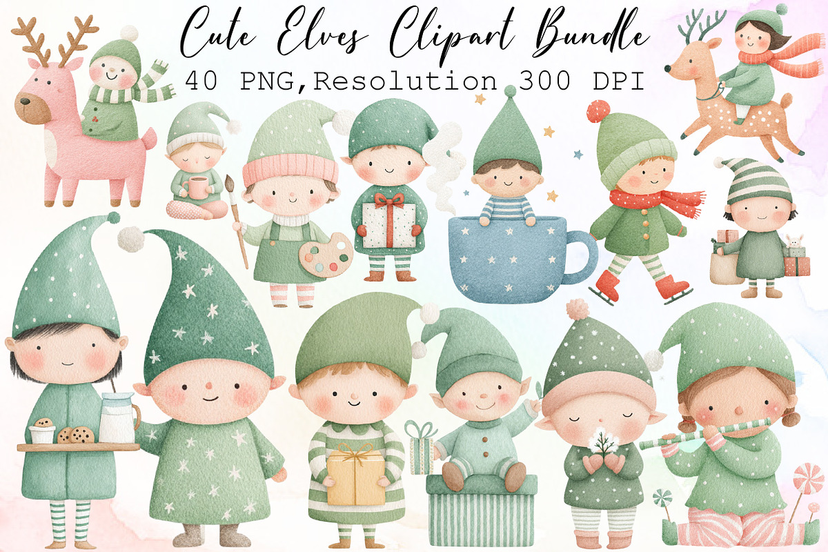 Cute Elves Watercolor Clipart Bundle, an Illustration by Sublimation Artist (Photo 1 of 6)
