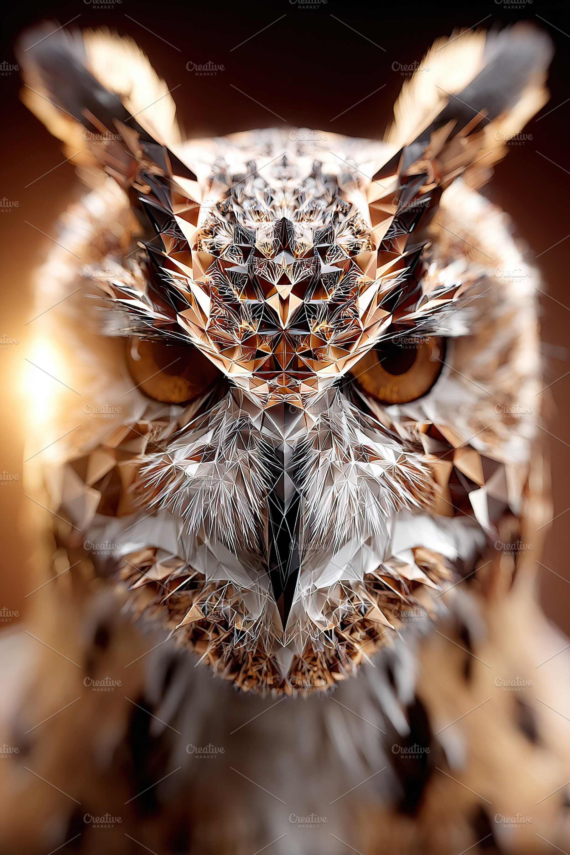 Detailed close-up of a stylized owl with geometric patterns and vibrant eyes, an Animal Photo by AlyaAnd