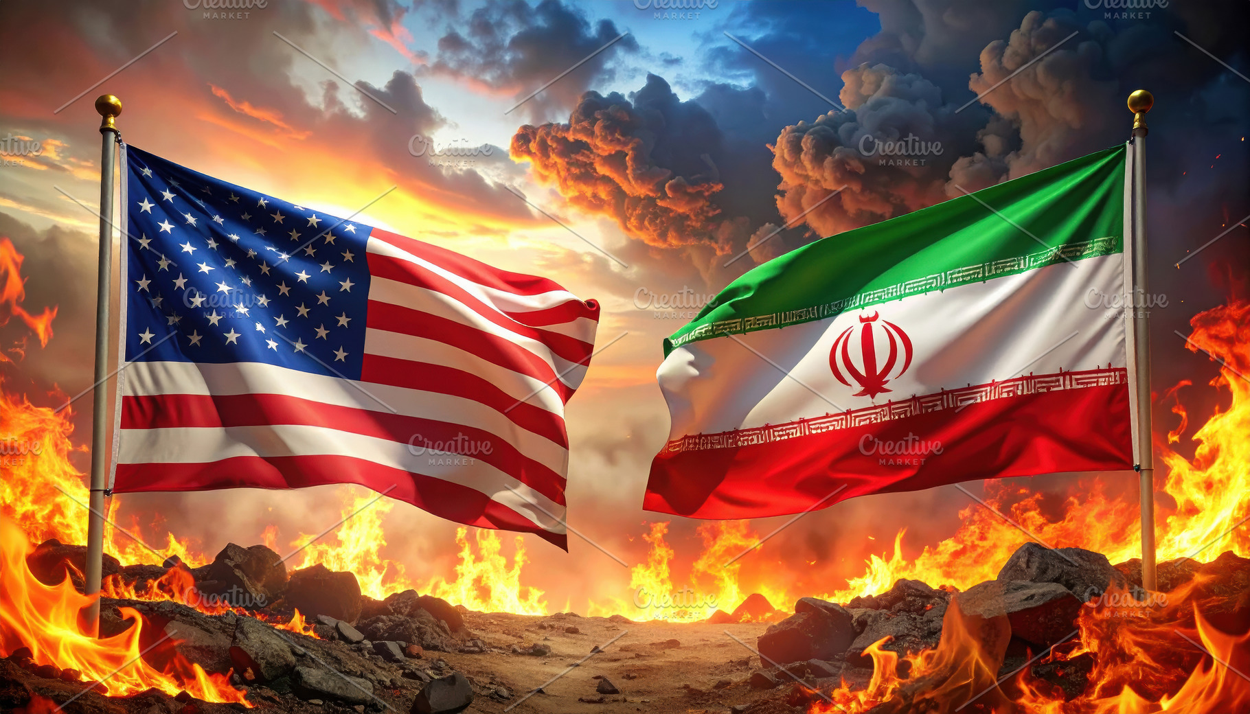 US and Iran Flags Amid Flames, an Industrial Photo by Davizro's Market