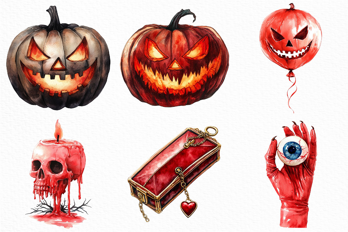 Watercolor Red Halloween Clipart, an Illustration by Craft Nest (Photo 4 of 6)