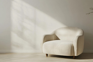 Soft armchair near blank light wall with sunlights, an Abstract Photo by AlyaAnd
