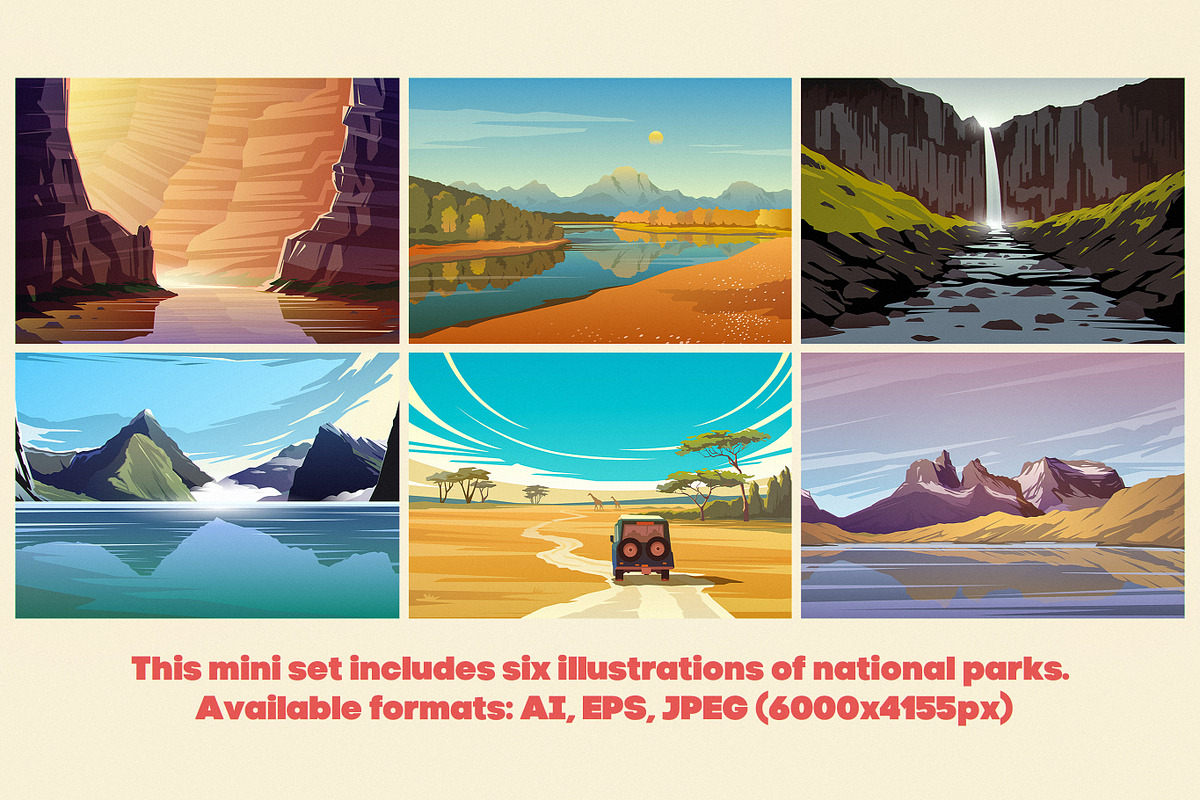 Six Illustrations of National Parks, a Person Illustration by Red Monkey (Photo 2 of 4)