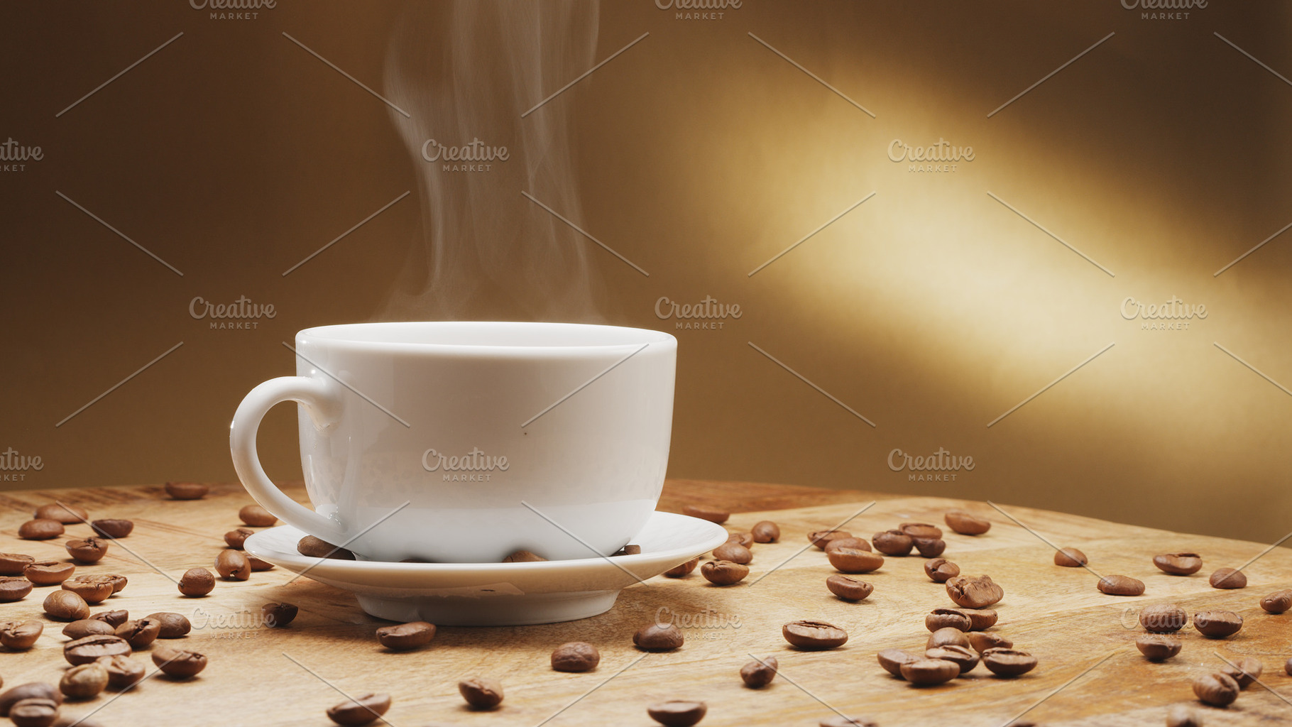 White cup of hot steaming coffee, a Food & Drink Photo by Volff