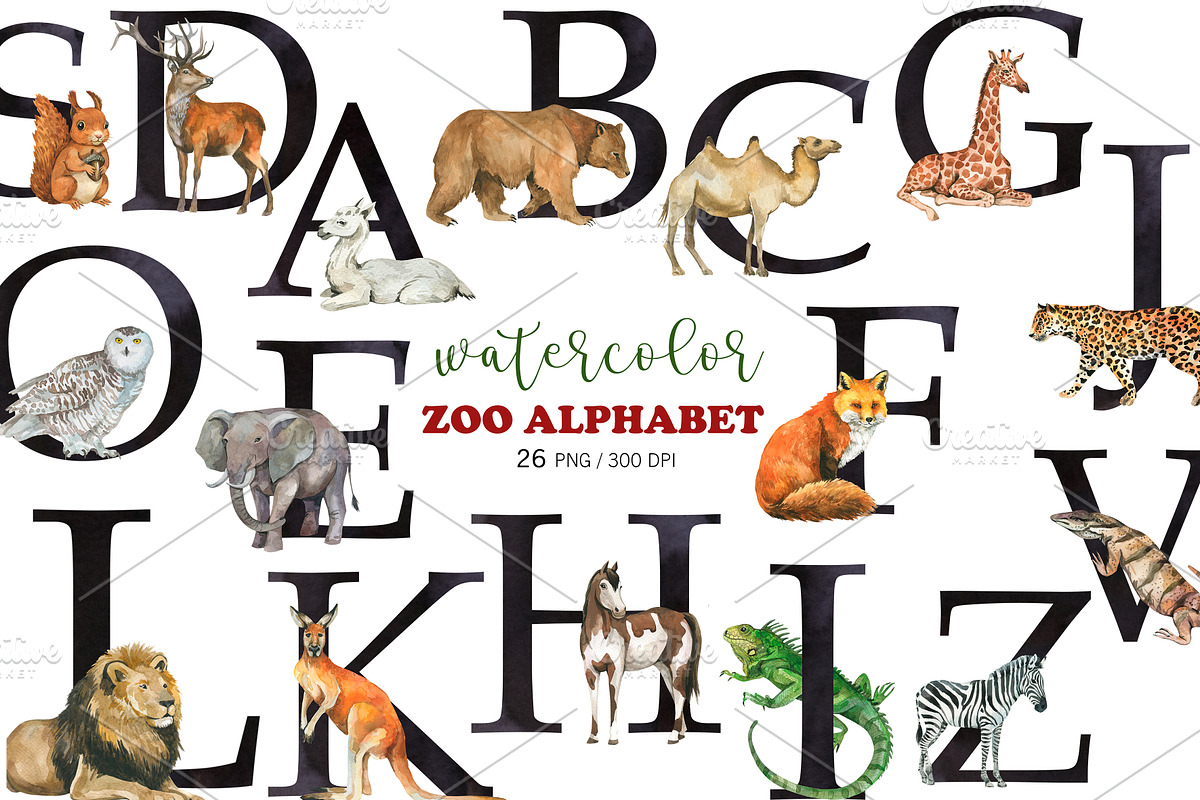 Watercolor Zoo Animal Alphabet PNG, an Animal Illustration by PatternPalette (Photo 1 of 3)
